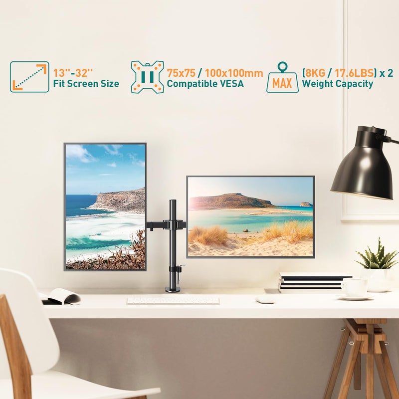 ELIVED Dual Monitor Arm for 13-27 inch LED LCD Flat/Curved Screens with VESA 75/100mm up to 8KG, Height Adujustable Ergonomic PC Monitor Arm Desk Mount, Tilt Swivel Rotation Monitor Mount Stand EV002 - Image 2