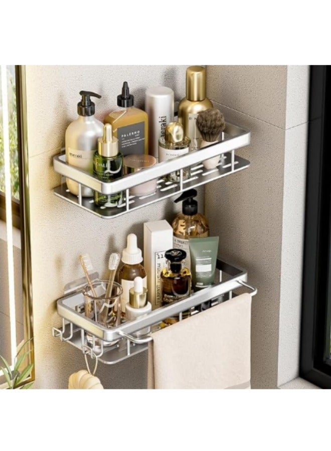 MIXDE 2-Piece No Drilling Stainless Steel Bathroom Shower Shelf Floating Shelves with Hooks - Image 1