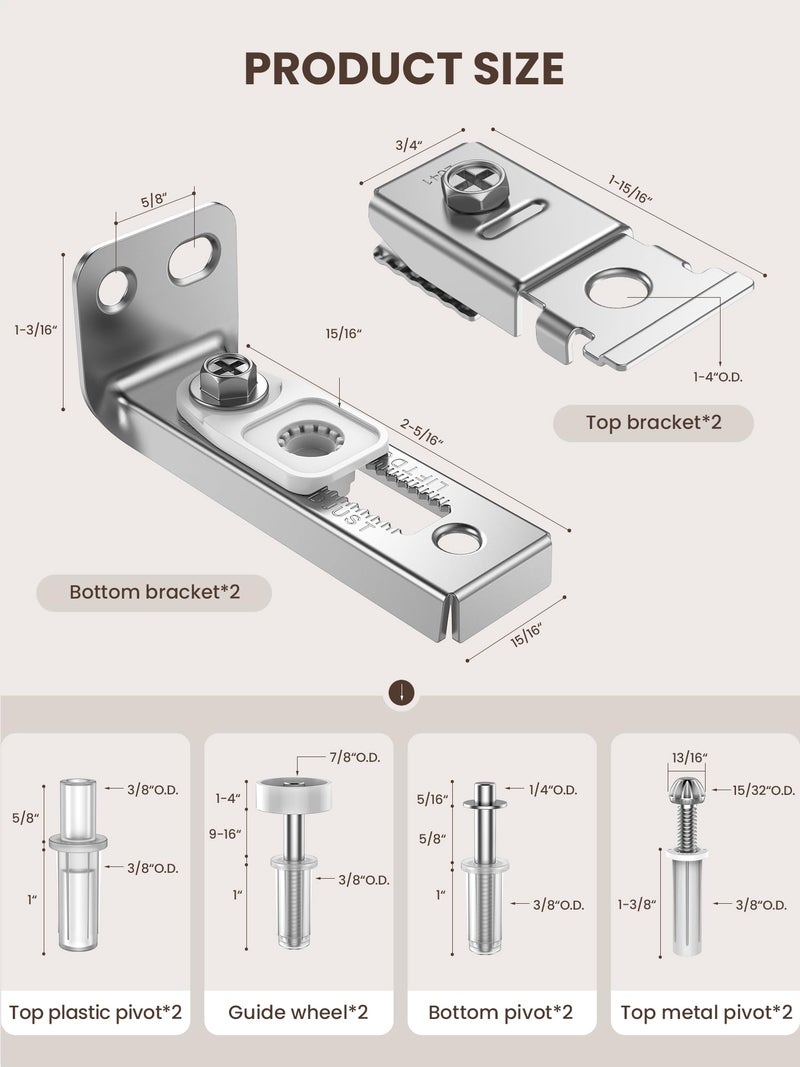 BUDONI Bifold Door Hardware Repair Kit - 2 Pack Bi-fold Sliding Closet Door Hardware Kit for 7/8" to 1" Track, Folding Pocket Door Replacement Parts Set Include Top Bottom Pivots Bracket and Guide Wheel - Image 2
