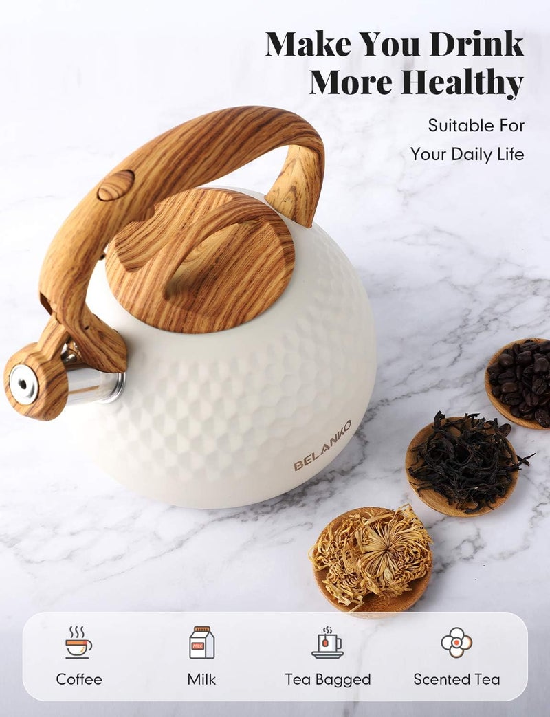BELANKO 2.7 Quart Tea Kettle for Stovetop - Food Grade Stainless Steel with Diamond Texture, Designer Teapot Look, Cool-Touch Wood Pattern Handle, Whistling Spout - Milk White - Image 2