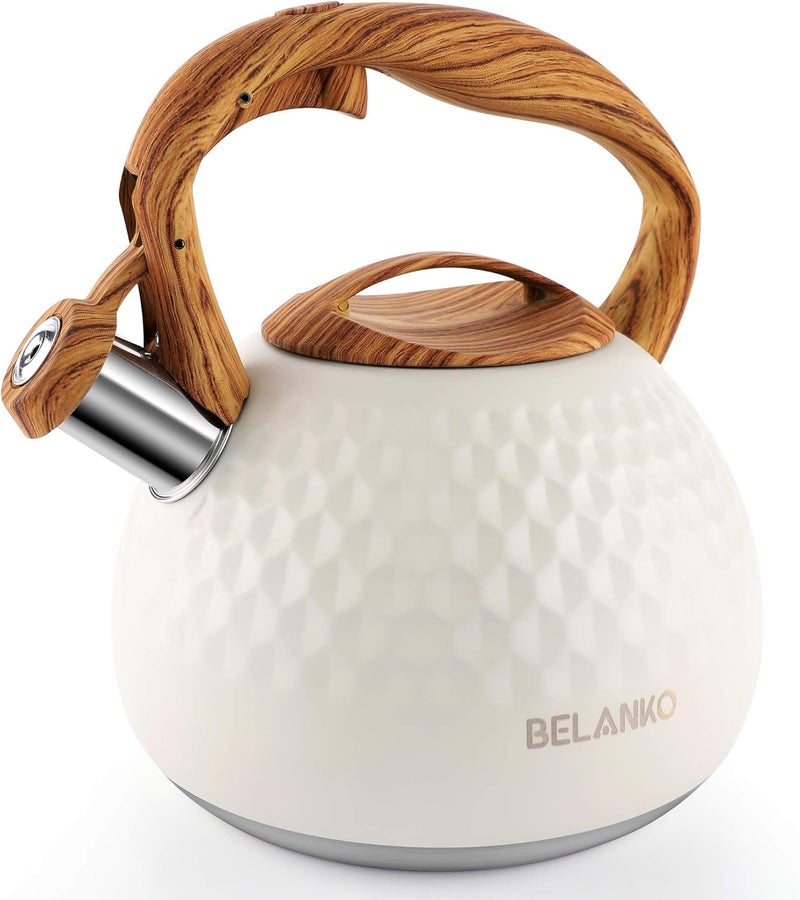 BELANKO 2.7 Quart Tea Kettle for Stovetop - Food Grade Stainless Steel with Diamond Texture, Designer Teapot Look, Cool-Touch Wood Pattern Handle, Whistling Spout - Milk White - Image 1