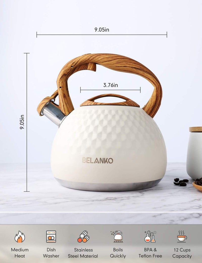 BELANKO 2.7 Quart Tea Kettle for Stovetop - Food Grade Stainless Steel with Diamond Texture, Designer Teapot Look, Cool-Touch Wood Pattern Handle, Whistling Spout - Milk White - Image 5
