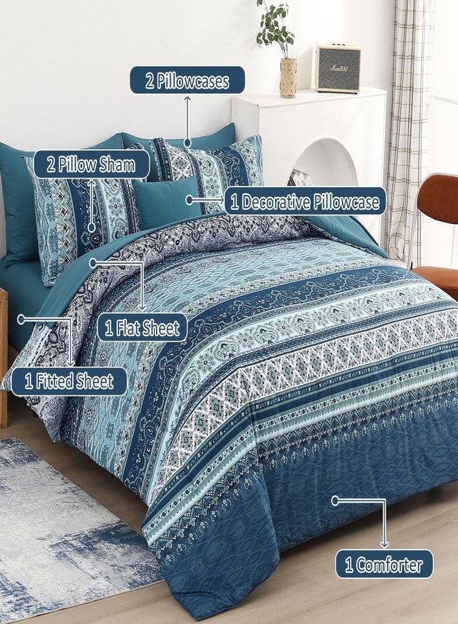 Cottolester Boho King Size Comforter Set 8 Pieces, Teal Blue Comforter Bohemian Striped Bed in A Bag, Soft Microfiber Bedding Set for All Seasons - Image 2