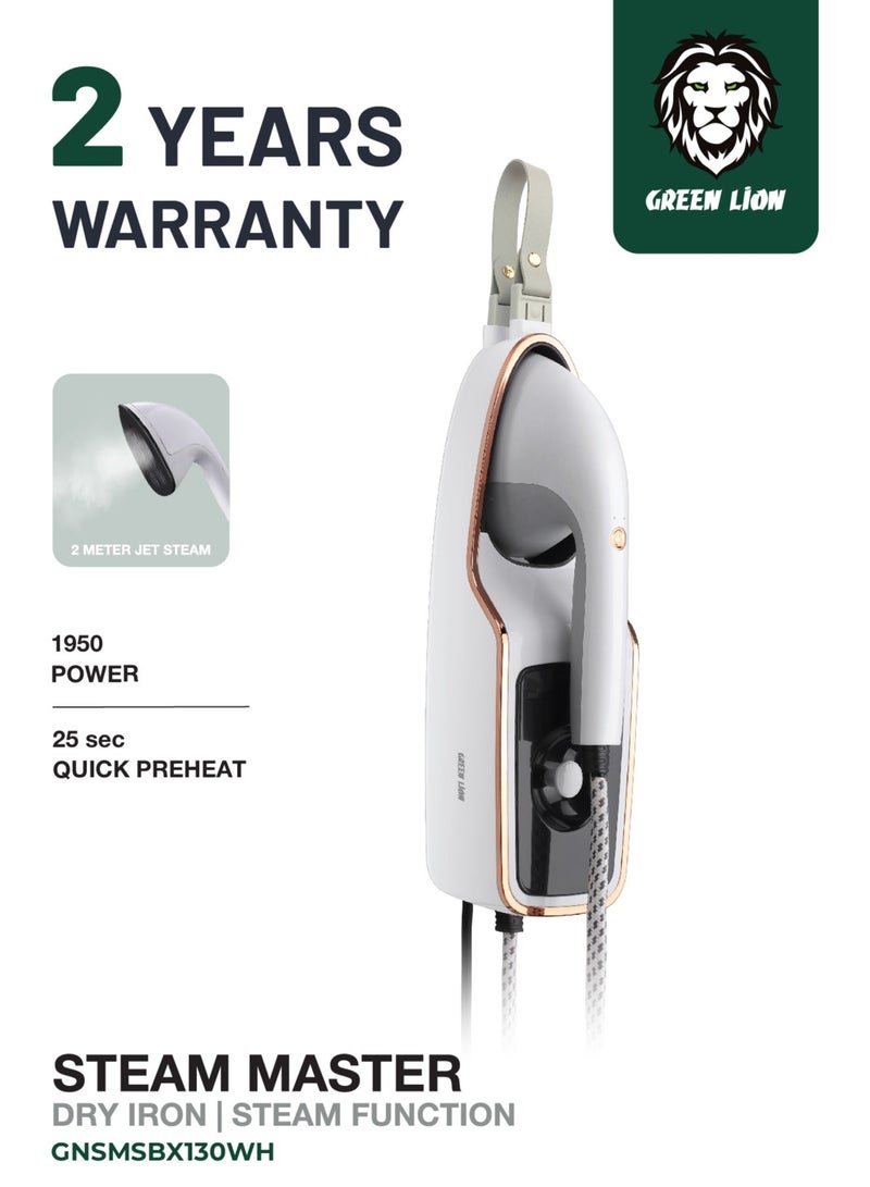 GREEN LION Steam Master Dry Iron and Steam Function 1950W, 140°C Temperature, Adjustable Hanging Belt, Portable, Dual-Mode Operation, Fast Heat Clothes Steamer, Water Tank Capacity 600 ml - White - Image 1