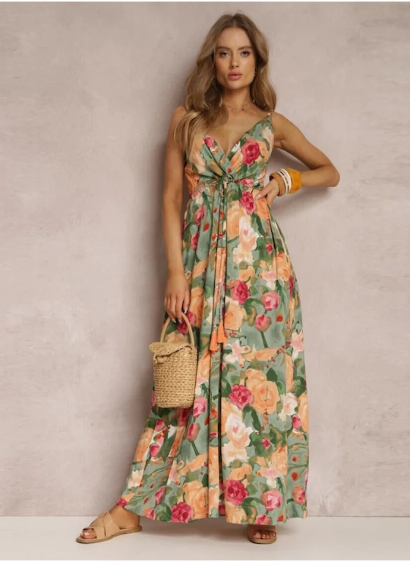 يونيكي Green Floral Printed Shoulder Straps Maxi Dress