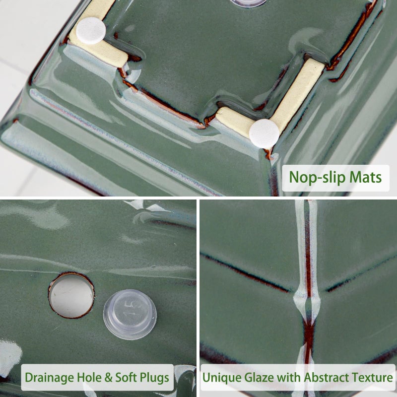 Villa Como Ceramic Bonsai Pots With Drainage Hole Set Of 2  Green Glazed Bonsai Planters For Indoor/Outdoor Use  Rectangular Shallow Bonzai Tree Pot For Succulent  Orchids  Cacti  Home  Patio  Garden  6.3""X4.9"" - Image 2
