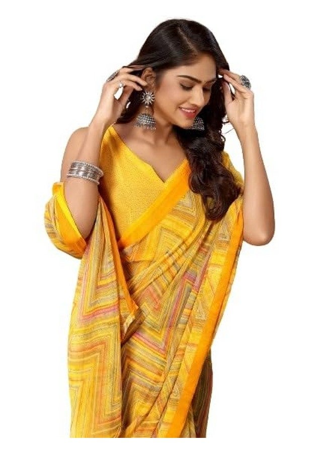 Women's Chiffon Abstract and Geometric Printed Saree with Blouse Piece (Yellow)  - Image 1