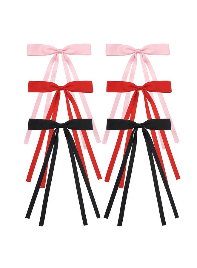 Yxiang 6Pcs Hair Bow Clips For Girls Hair Ribbon Hair Bows With Long Tail Bowknot Tassel Claw Hair Clip For Women Hair Barrettes With Bow Accessories (Black Red Pink) - Image 1