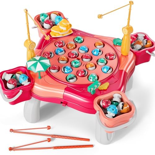 JUKUDAHU Magnet Fishing Game for Kids Toddlers Aged 3 4 5 6 7 8 Fishing Toys with 48 Fishes Toys 8 Poles Rotating Board Game with OnOff Music Educational Birthday Gifts for Boys Girls 13 Pink - Image 1