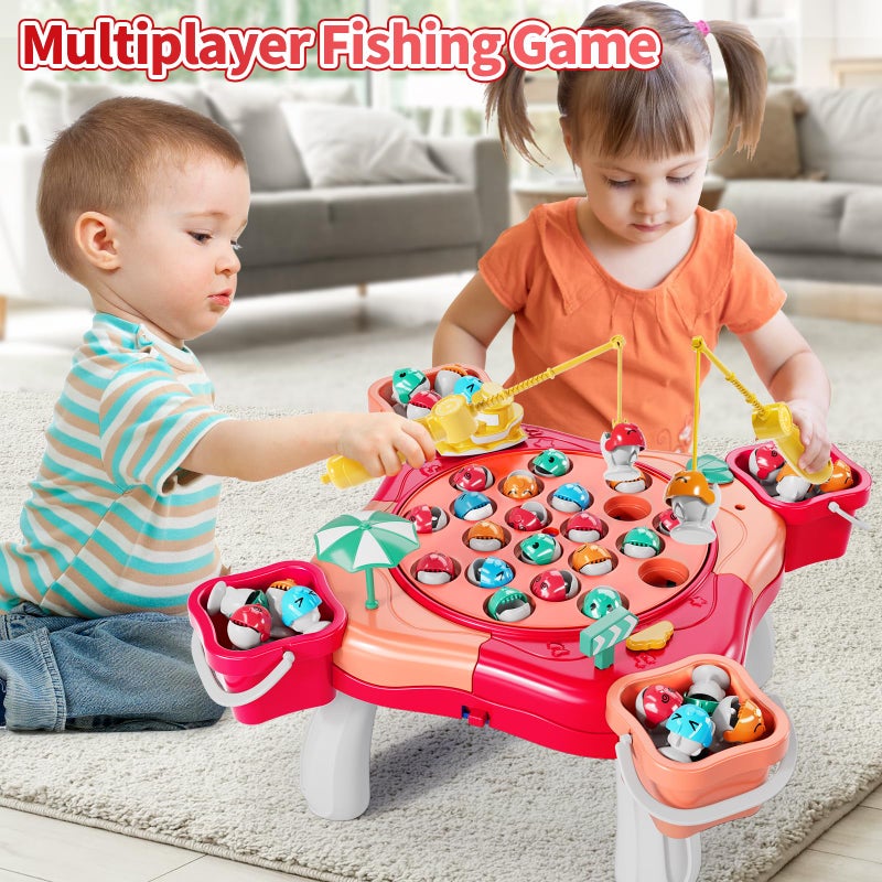 JUKUDAHU Magnet Fishing Game for Kids Toddlers Aged 3 4 5 6 7 8 Fishing Toys with 48 Fishes Toys 8 Poles Rotating Board Game with OnOff Music Educational Birthday Gifts for Boys Girls 13 Pink - Image 5