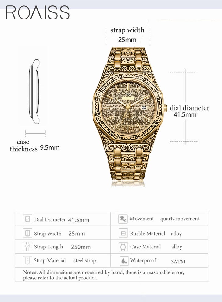 roaiss Retro Men Watch Analog Quartz Watches Multifunction Dial Stainless Steel Band Fashion Wrist Watch with Calendar Engraved Watch for Men - Image 5