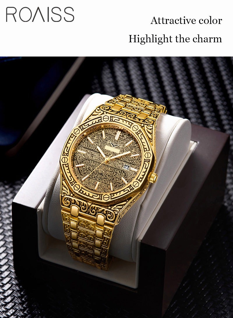 roaiss Retro Men Watch Analog Quartz Watches Multifunction Dial Stainless Steel Band Fashion Wrist Watch with Calendar Engraved Watch for Men - Image 4