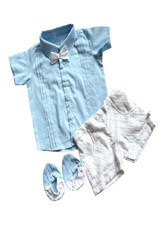 Picksparrow Baby Boy Pure Cotton Shirt-Shorts-Booties (Christening/Baptism Set) (Blue, 3-6 Months) - Image 1