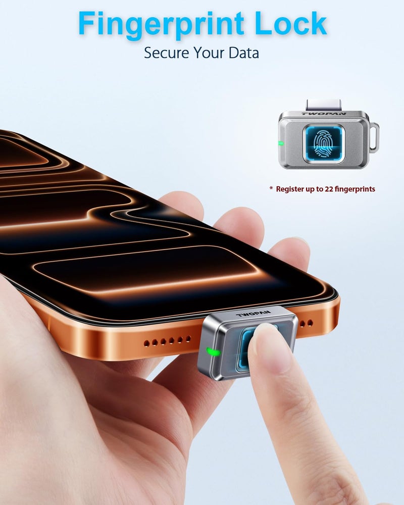 TWOPAN Nano SSD 256GB, External SSD Storage USB C Flash Drive with Fingerprint Lock, Up to 450MB/s, Design for iPhone 17/16/15, MacBook, iPad, Steam Deck, PS5, Selfie Stick, Android, Travel & Backup - Image 2