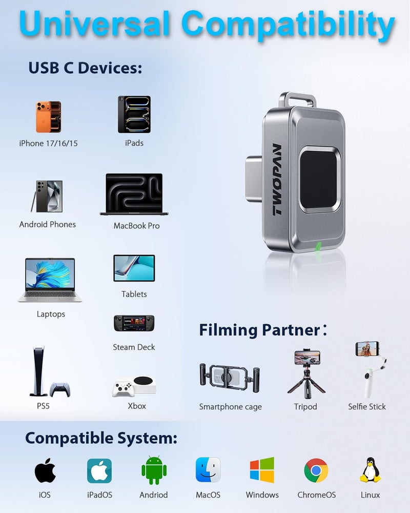 TWOPAN Nano SSD 256GB, External SSD Storage USB C Flash Drive with Fingerprint Lock, Up to 450MB/s, Design for iPhone 17/16/15, MacBook, iPad, Steam Deck, PS5, Selfie Stick, Android, Travel & Backup - Image 4