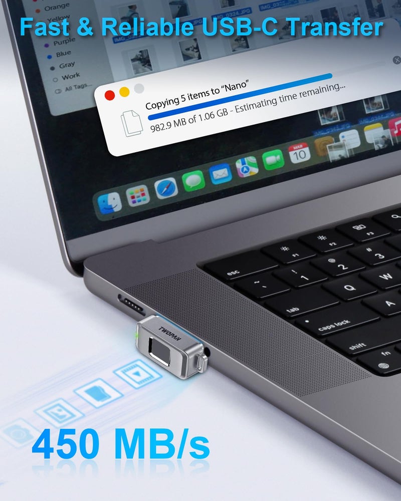 TWOPAN Nano SSD 256GB, External SSD Storage USB C Flash Drive with Fingerprint Lock, Up to 450MB/s, Design for iPhone 17/16/15, MacBook, iPad, Steam Deck, PS5, Selfie Stick, Android, Travel & Backup - Image 5