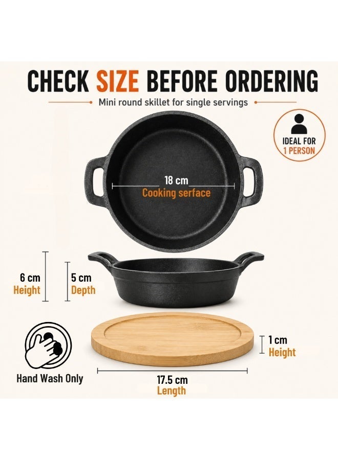 Blackstone BC14156 Cast Iron Mini Round Skillet 18cm with Wooden Sizzler Plate Pre-Seasoned Pan for Steak Fajitas Grilling Serving - Image 2