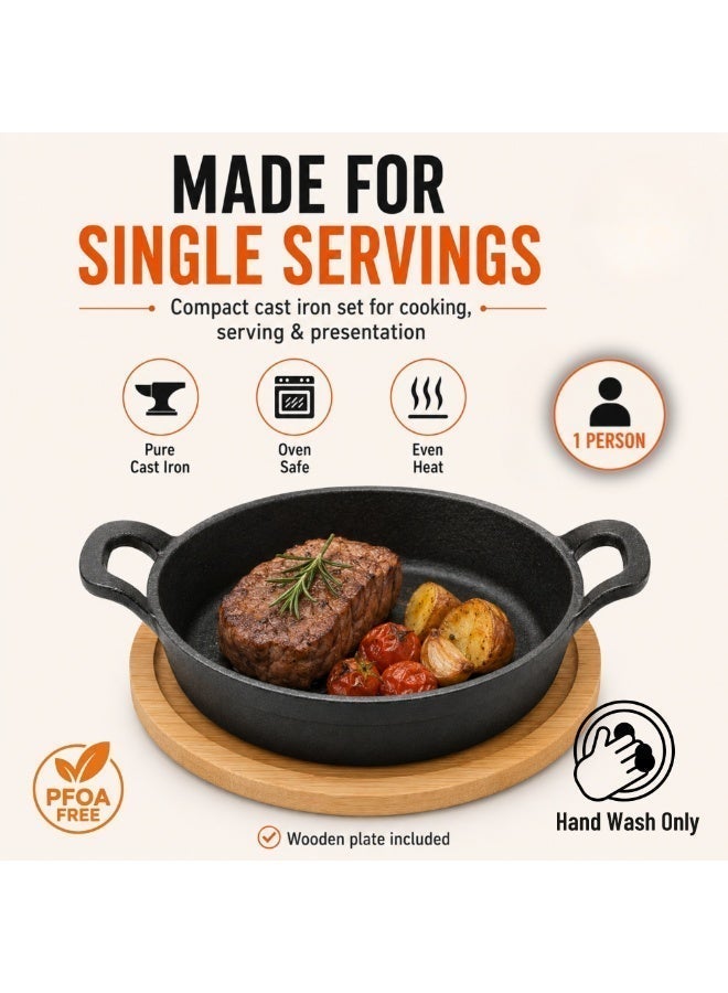 Blackstone BC14156 Cast Iron Mini Round Skillet 18cm with Wooden Sizzler Plate Pre-Seasoned Pan for Steak Fajitas Grilling Serving - Image 5