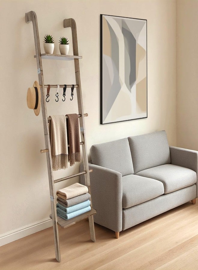 Fuairmee Wooden Ladder with Shelf for Room Decor, 6-Tier Ladder Rack with Non-Slip Mat & Hooks, Farmhouse Style Leaning Wall Display Holder - Image 4