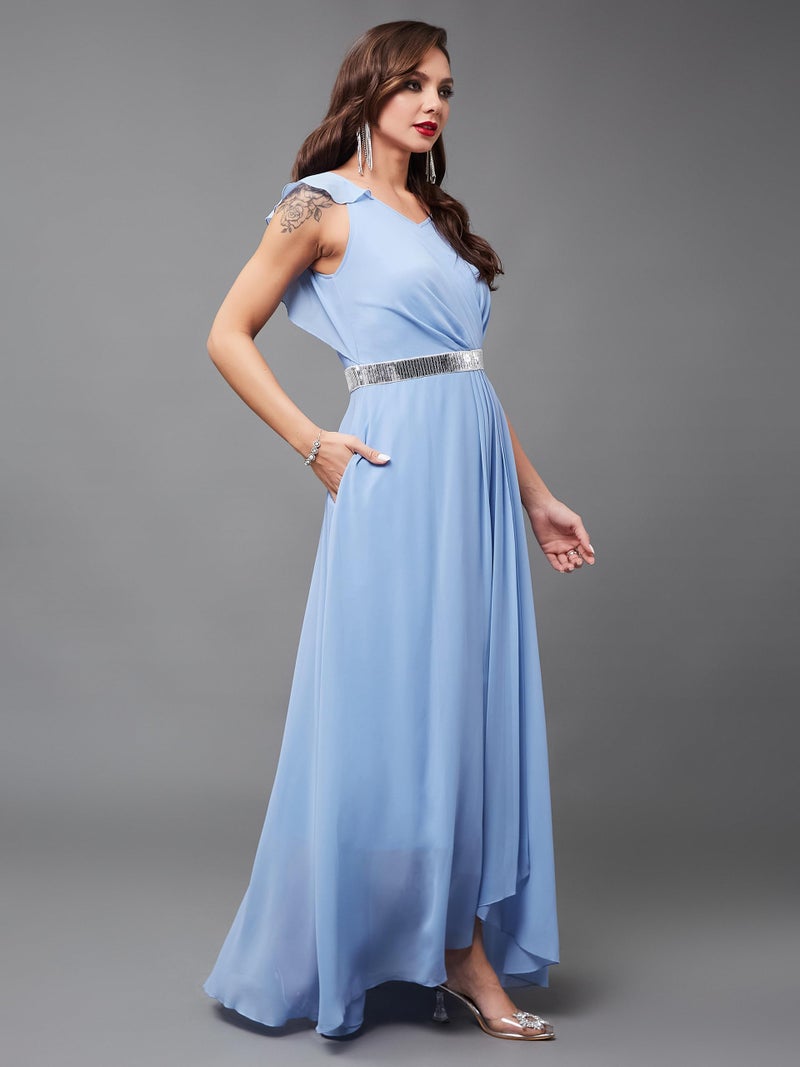 Miss Chase Women's V-Neck Ruffled Sleeve Solid Embellished Maxi Dress with Pockets (MCSS24D97-18-167-06, Powder Blue, XL) - Image 3