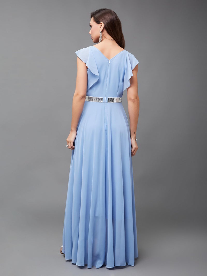 Miss Chase Women's V-Neck Ruffled Sleeve Solid Embellished Maxi Dress with Pockets (MCSS24D97-18-167-06, Powder Blue, XL) - Image 4