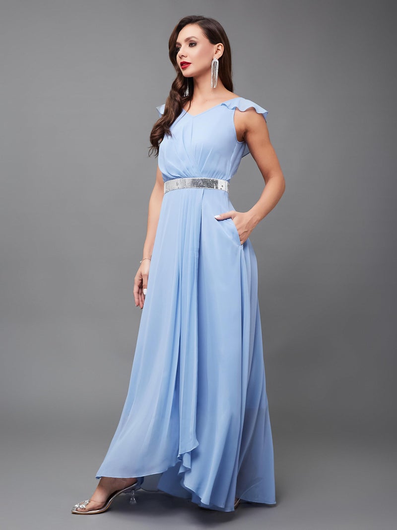 Miss Chase Women's V-Neck Ruffled Sleeve Solid Embellished Maxi Dress with Pockets (MCSS24D97-18-167-06, Powder Blue, XL) - Image 2
