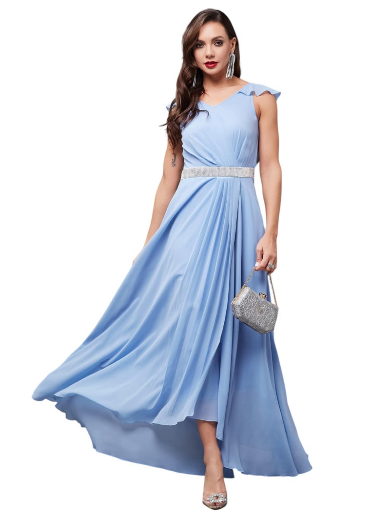Miss Chase Women's V-Neck Ruffled Sleeve Solid Embellished Maxi Dress with Pockets (MCSS24D97-18-167-06, Powder Blue, XL) - Image 1