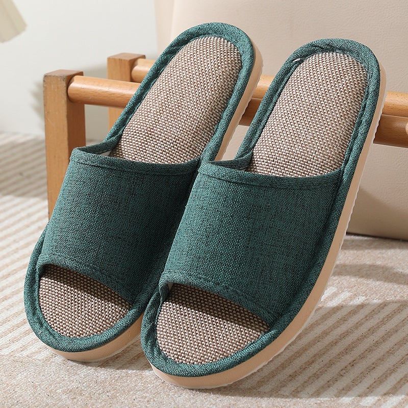 Linen Slippers Home Hotel Spa Non-Slip Thickened Pure dark green 