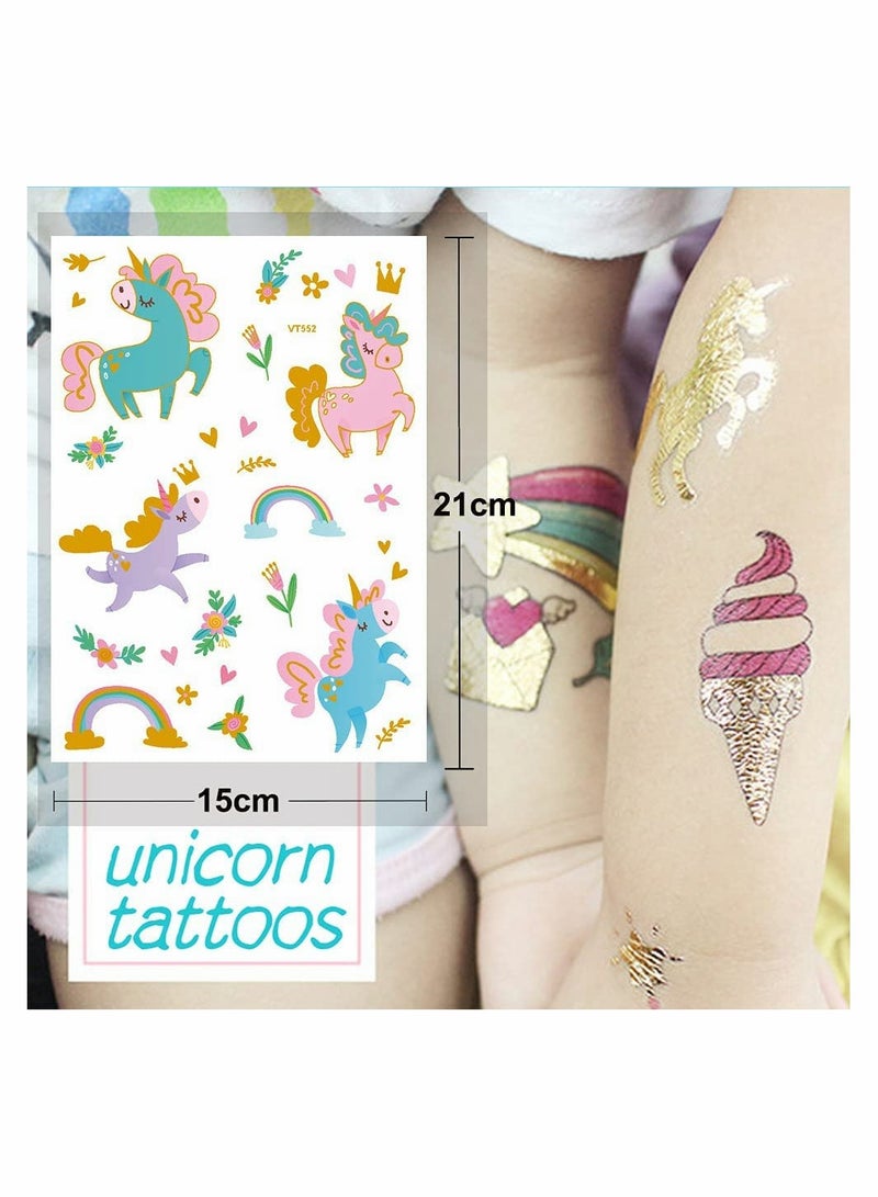 6 Sheets Temporary Tattoos for Kids Large Unicorn Glitter Tattoos for Kids Girls Boys Stick on Tattoos Party Bag Fillers Party Favours Supplies