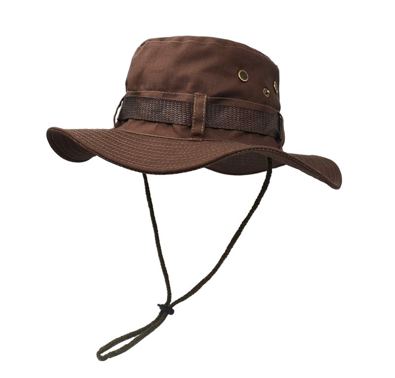 Outdoor Wide Brim Sun Protect Hat, Double Layer Classic US Combat Army Style Bush Jungle Sun Cap for Fishing Hunting Camping Brown