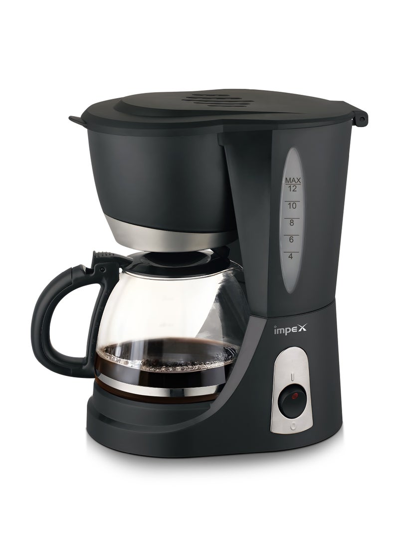 Impex Drip Coffee Maker 1.25L Coffee Machine With 12 Cup Glass Carafe, Removable Funnel And Filter, Keep-Warm And Anti Drip Function, Indicator Light, 1.25 L 800 W CM1912 Black 1.25 L 800 W CM1912 Black - Image 1