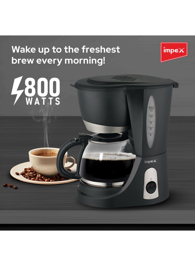 Impex Drip Coffee Maker 1.25L Coffee Machine With 12 Cup Glass Carafe, Removable Funnel And Filter, Keep-Warm And Anti Drip Function, Indicator Light, 1.25 L 800 W CM1912 Black 1.25 L 800 W CM1912 Black - Image 3