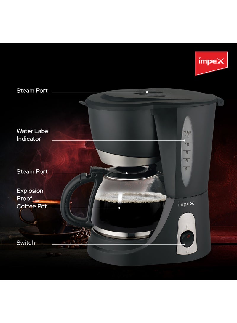 Impex Drip Coffee Maker 1.25L Coffee Machine With 12 Cup Glass Carafe, Removable Funnel And Filter, Keep-Warm And Anti Drip Function, Indicator Light, 1.25 L 800 W CM1912 Black 1.25 L 800 W CM1912 Black - Image 5
