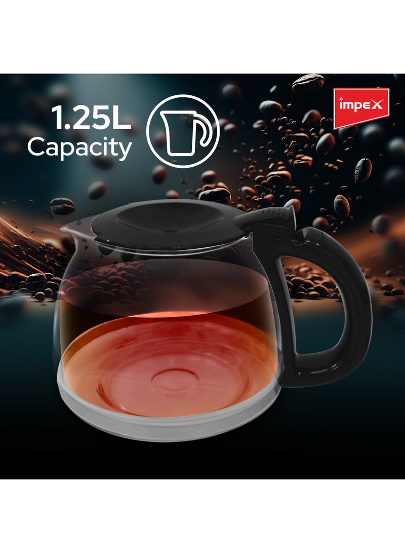 Impex Drip Coffee Maker 1.25L Coffee Machine With 12 Cup Glass Carafe, Removable Funnel And Filter, Keep-Warm And Anti Drip Function, Indicator Light, 1.25 L 800 W CM1912 Black 1.25 L 800 W CM1912 Black - Image 4