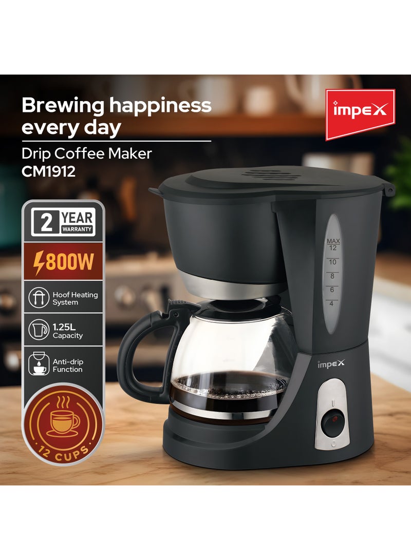 Impex Drip Coffee Maker 1.25L Coffee Machine With 12 Cup Glass Carafe, Removable Funnel And Filter, Keep-Warm And Anti Drip Function, Indicator Light, 1.25 L 800 W CM1912 Black 1.25 L 800 W CM1912 Black - Image 2