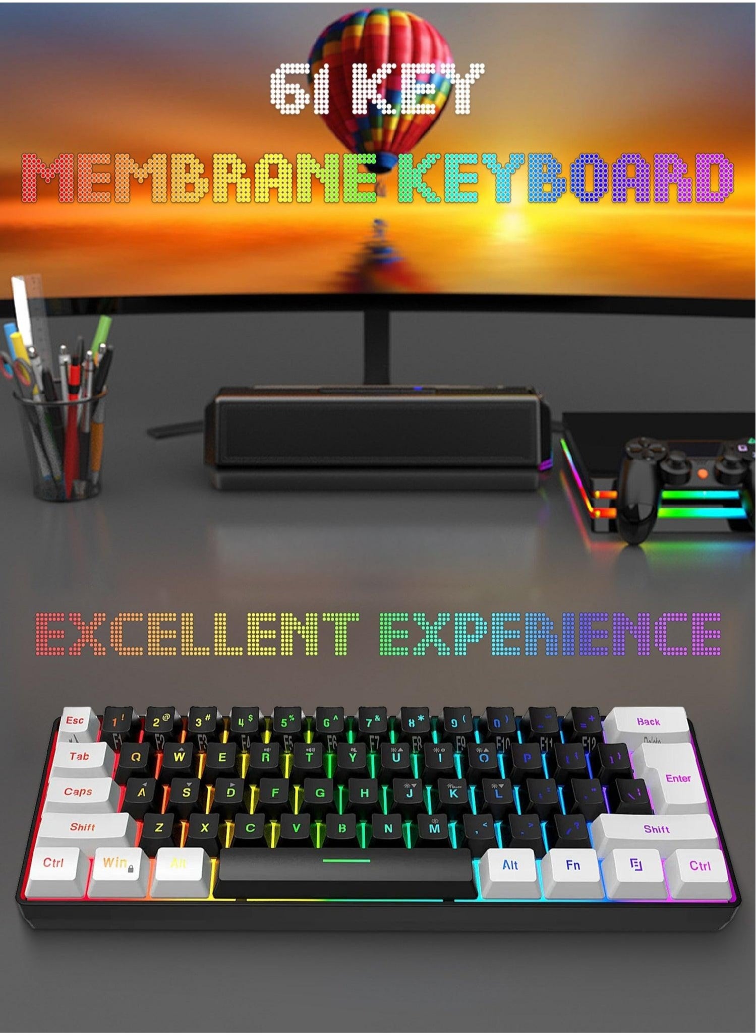 61-Key Membrane Keyboard - Wired Mini Keyboard - Gaming Keyboard and Office Keyboard - RGB Light - Computer Keyboard 