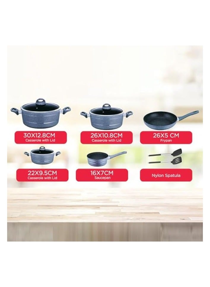 Green Tiger 10 Pcs Non-Stick Granite Cookware Set | 30cm,24cm Casserole With Glass Lid | 18cm Sauce Pan | 26cm Fry Pan | 28cm Flat Tawa - Image 3