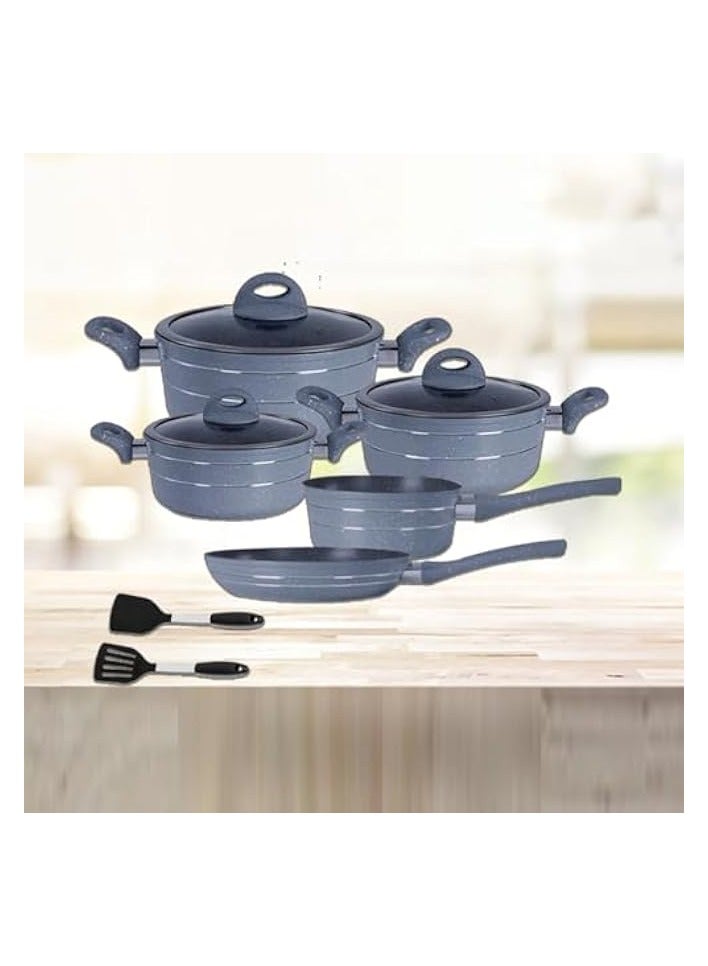 Green Tiger 10 Pcs Non-Stick Granite Cookware Set | 30cm,24cm Casserole With Glass Lid | 18cm Sauce Pan | 26cm Fry Pan | 28cm Flat Tawa - Image 2