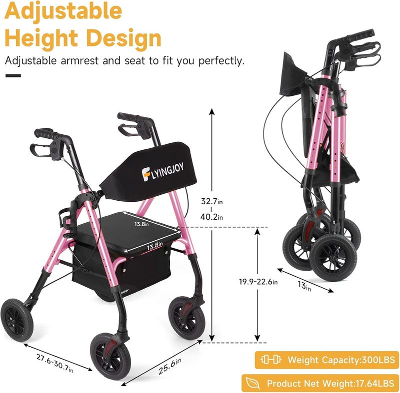Flyingjoy Lightweight Rollator Walker with Seat & Backrest - Foldable Mobility Aid for Seniors, 8" Airless Tires, Adjustable Height, 300 lbs Capacity, 4 Wheel Rolling Walkers for Seniors Pink - Image 2