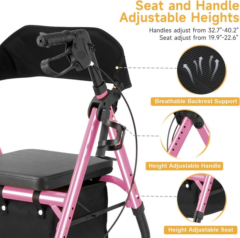 Flyingjoy Lightweight Rollator Walker with Seat & Backrest - Foldable Mobility Aid for Seniors, 8" Airless Tires, Adjustable Height, 300 lbs Capacity, 4 Wheel Rolling Walkers for Seniors Pink - Image 4