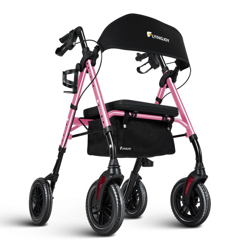 Flyingjoy Lightweight Rollator Walker with Seat & Backrest - Foldable Mobility Aid for Seniors, 8" Airless Tires, Adjustable Height, 300 lbs Capacity, 4 Wheel Rolling Walkers for Seniors Pink - Image 1