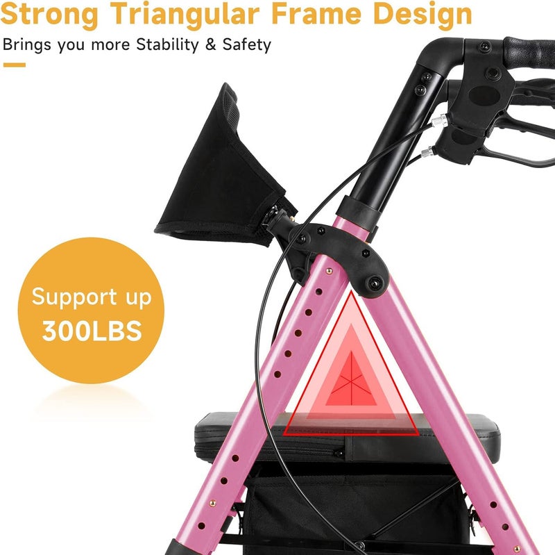 Flyingjoy Lightweight Rollator Walker with Seat & Backrest - Foldable Mobility Aid for Seniors, 8" Airless Tires, Adjustable Height, 300 lbs Capacity, 4 Wheel Rolling Walkers for Seniors Pink - Image 3