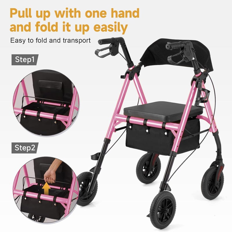 Flyingjoy Lightweight Rollator Walker with Seat & Backrest - Foldable Mobility Aid for Seniors, 8" Airless Tires, Adjustable Height, 300 lbs Capacity, 4 Wheel Rolling Walkers for Seniors Pink - Image 5