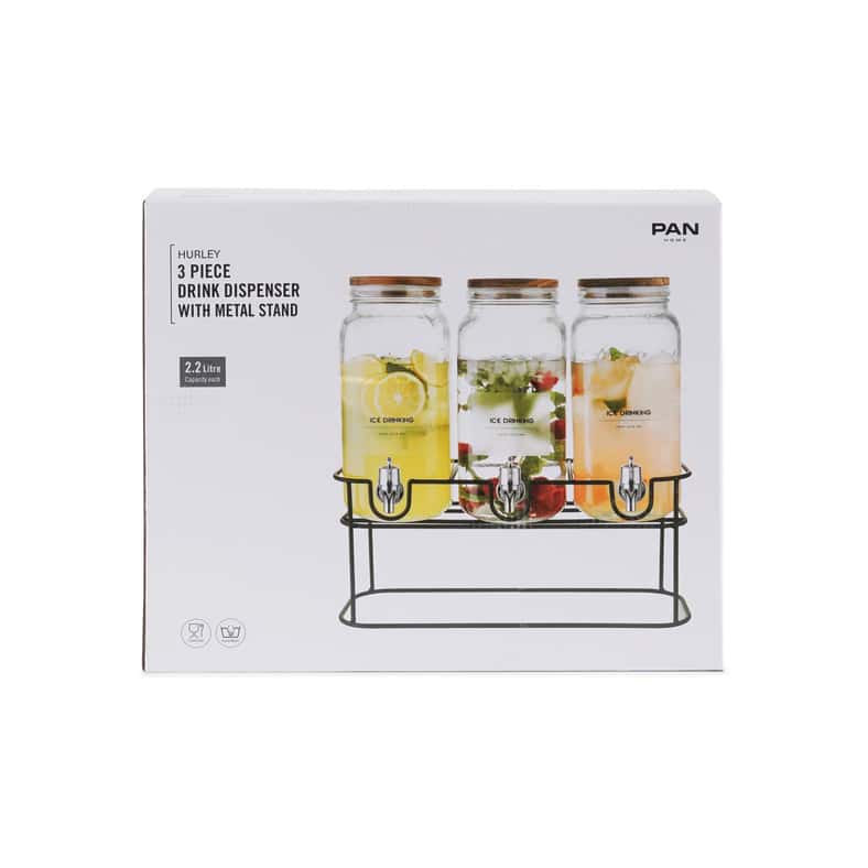 Hurley 3-Piece Drink Dispenser With Metal Stand 2.2L - Clear