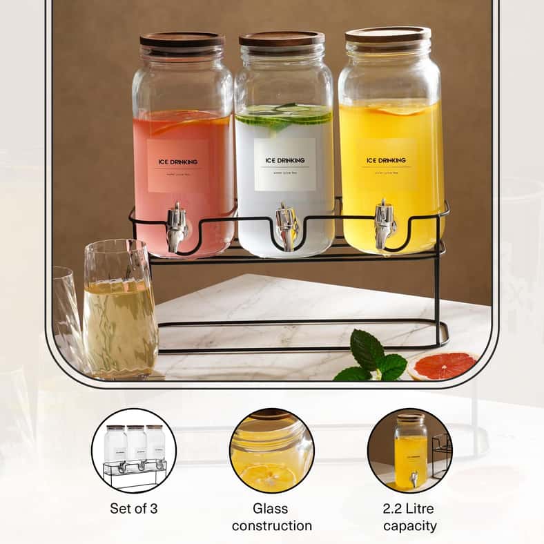 Hurley 3-Piece Drink Dispenser With Metal Stand 2.2L - Clear