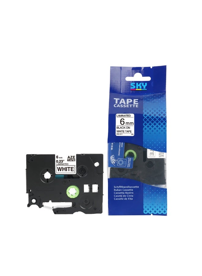 6mm x 8 meter Black on White AZE Label Tape Cartridge for P-Touch Label Printers