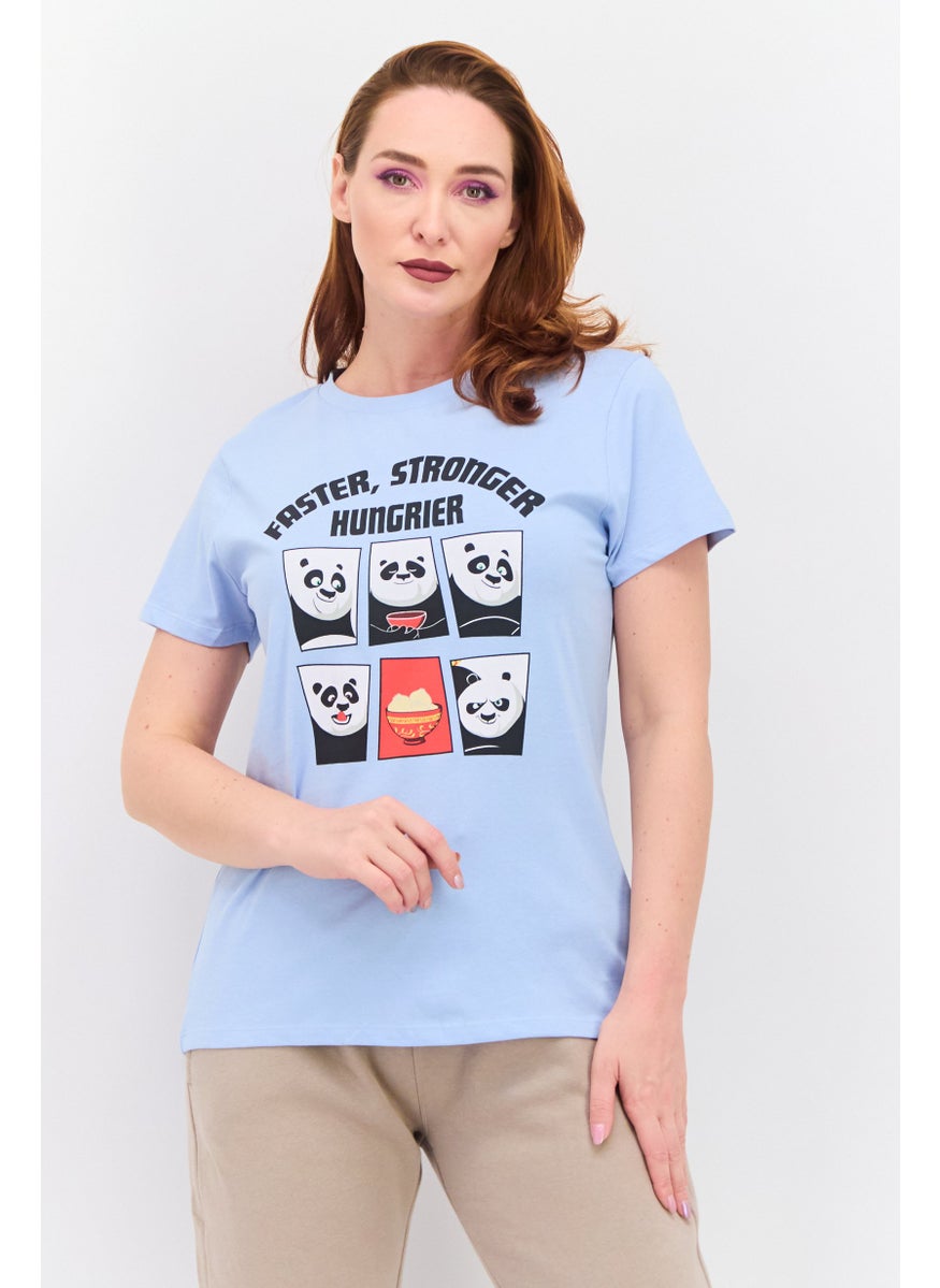 Kung Fu Panda - Women Round Neck Short Sleeves  Panda Print T-Shirt, Sky Blue - Image 1