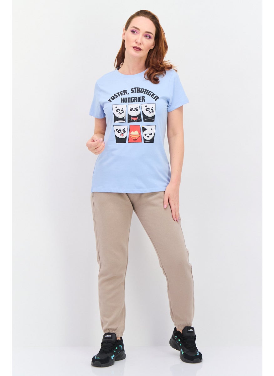 Kung Fu Panda - Women Round Neck Short Sleeves  Panda Print T-Shirt, Sky Blue - Image 1