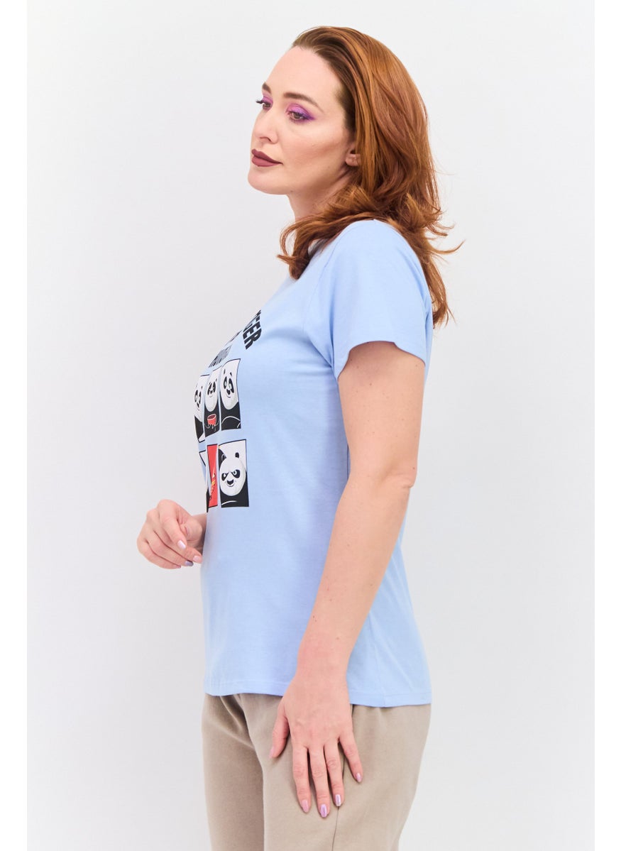 Kung Fu Panda - Women Round Neck Short Sleeves  Panda Print T-Shirt, Sky Blue - Image 1