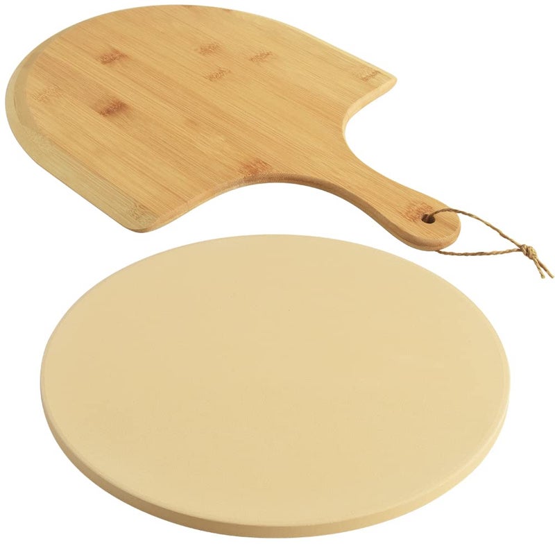 homEdge Pizza Stone Set Heavy Duty Round Cordierite Baking Stone for Bread Pizza Thermal Shock Resistant Cooking Stone with Bamboo Pizza Peel Paddle for Oven and Grill12 Inches Diameter